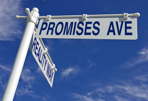street post with promises ave and reality way signs
